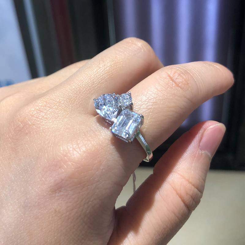 双拼异形钻Women's RingS925银镀白金定制选款主副石Moissanite4.0ct